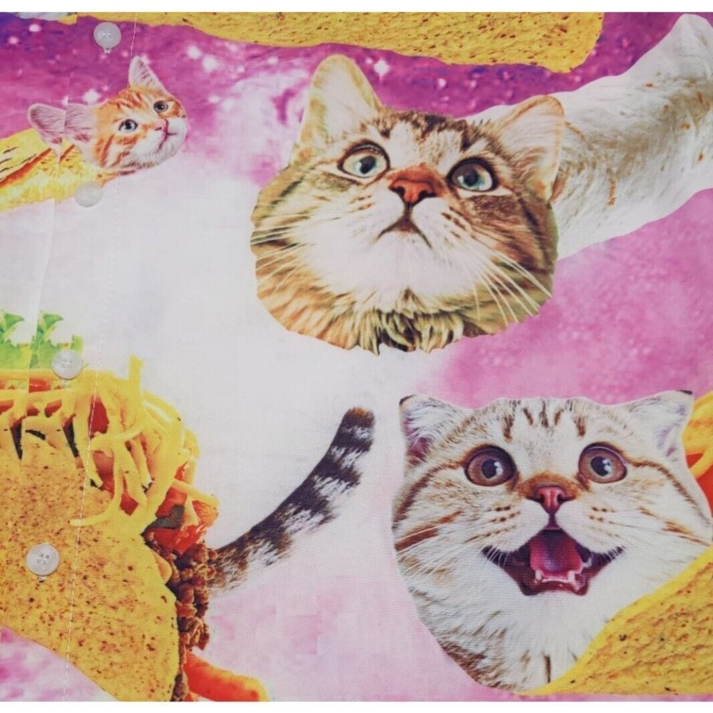 Novelty Cat & Taco Print Short Sleeve Button-Down Shirt - Pink/Blue - Picture 14 of 14